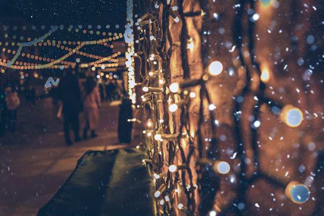 Close up of lights at a Christmas market