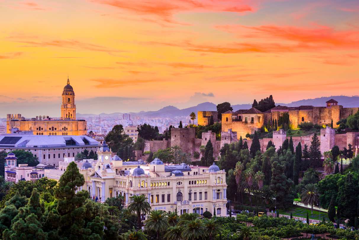 Spain cityscape at the Cathedral, City Hall and Alcazaba citadel of Malaga