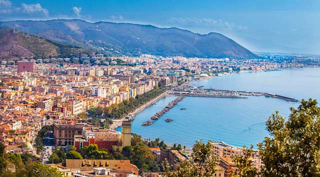 Panoramic view of Salerno's cityscape, harbour and the Gulf of Salerno, Amalfi Coast