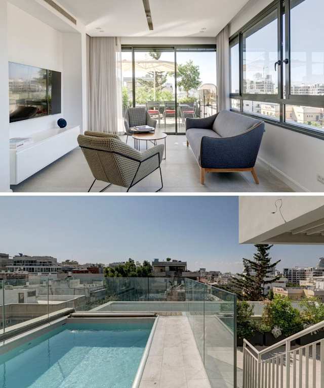 Seating are facing out onto window and rooftop pool of Plum Guide home, Rolling in the Dip