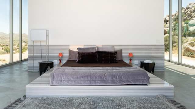 One of the marble beds in The Mirrored House, Plum Guide home in Joshua Tree