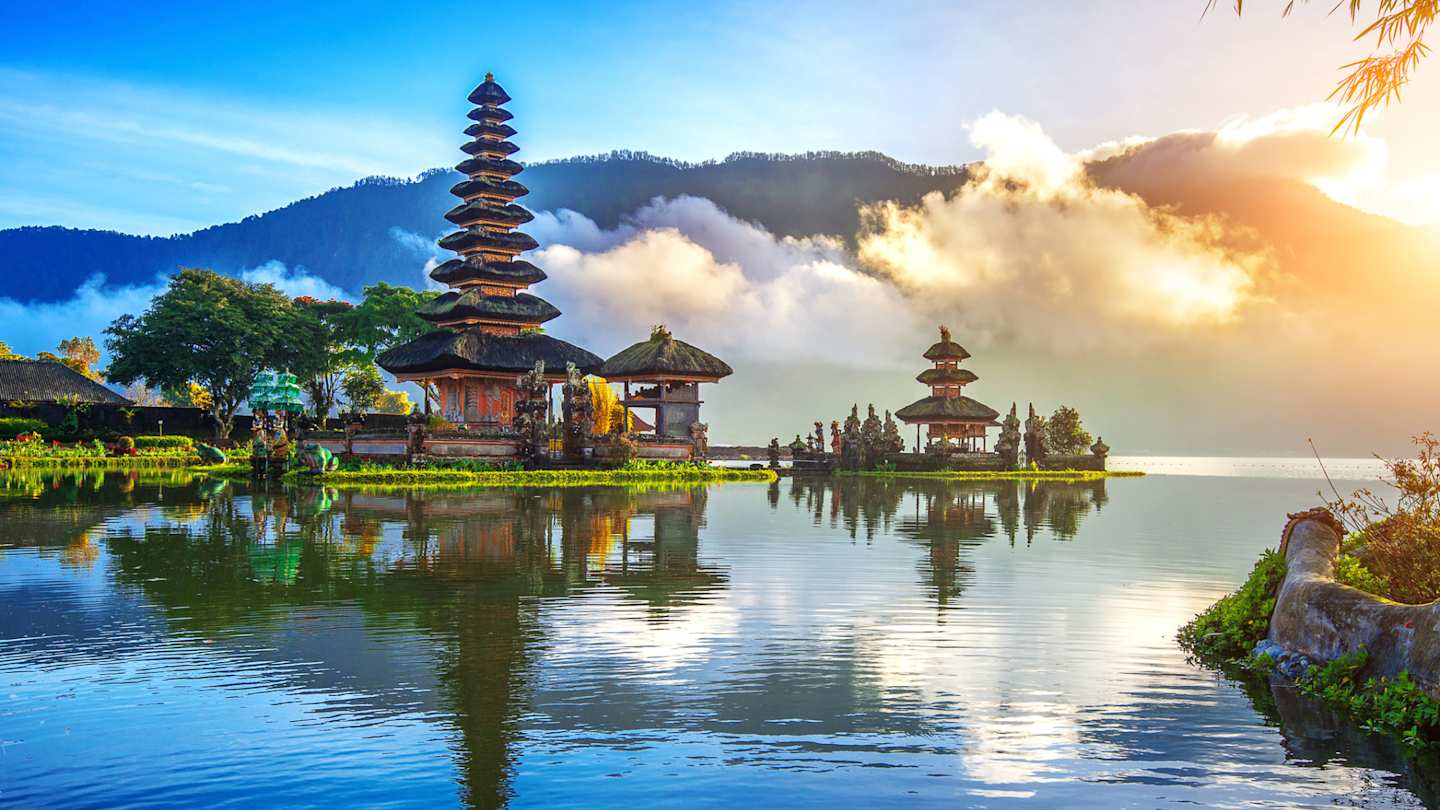 A view of the Pura Ulun Danu Bratan Temple by a lake, Bali, Indonesia