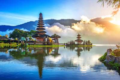 A view of the Pura Ulun Danu Bratan Temple by a lake, Bali, Indonesia