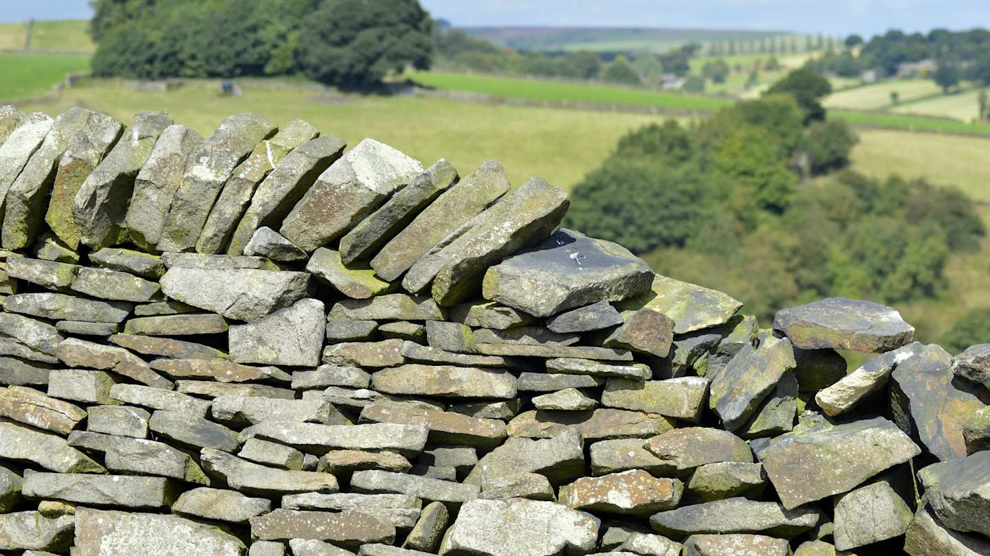 Close up of a grey dry stone wall in front of green fields in Derbyshire, England, UK