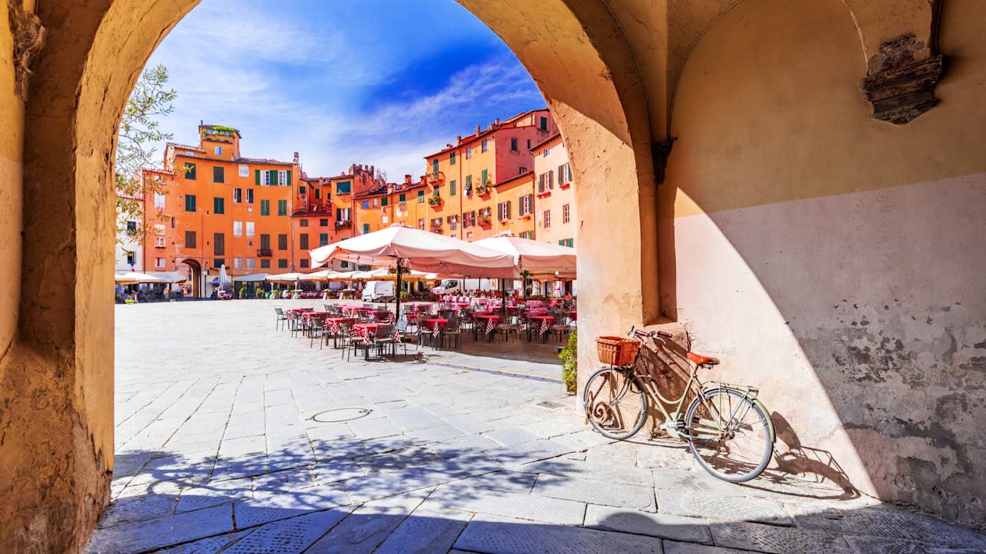 View of Piazza dell'Anfiteatro square in Lucca, Italy