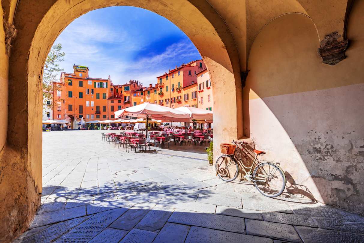 View of Piazza dell'Anfiteatro square in Lucca, Italy