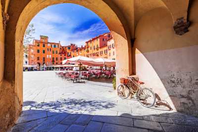 View of Piazza dell'Anfiteatro square in Lucca, Italy