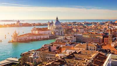 Aerial View of the Grand Canal and Basilica Santa Maria della Salute, Venice, Italy