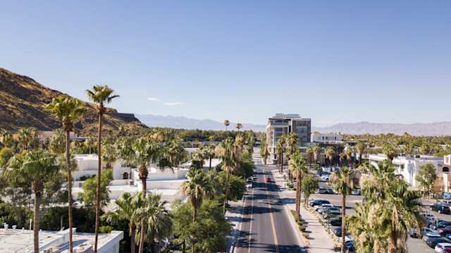 Aerial view of palm-lined streets in downtown Palm Springs, California