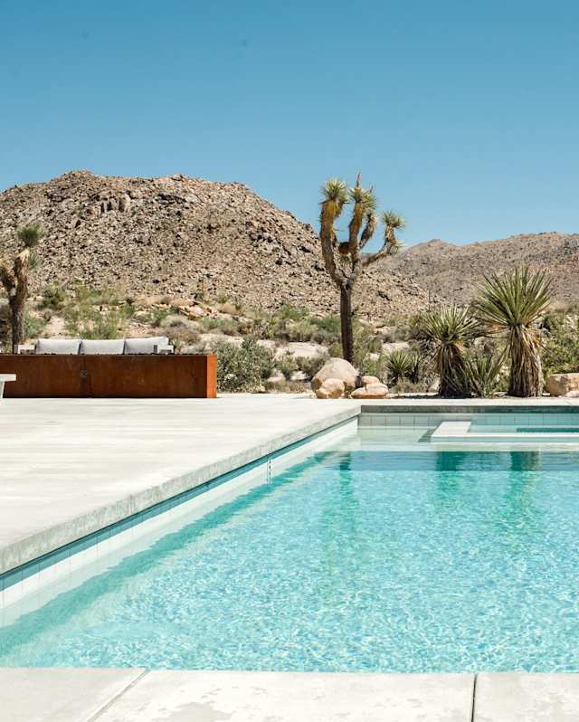 Pool and landscape around High Desert Mirage, Plum Guide home in Joshua Tree