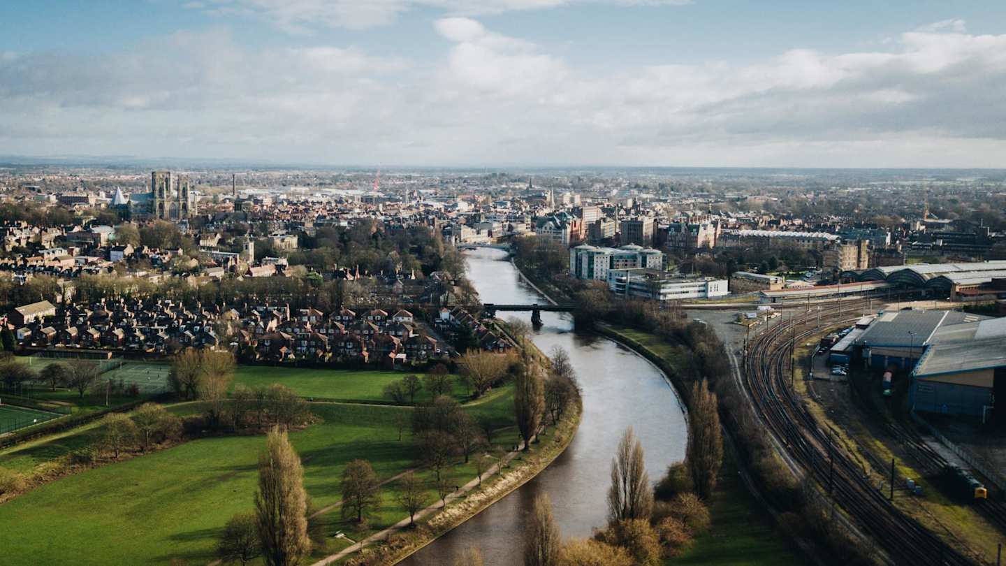A view of the River Ouse and the City of York from high up, York, England, UK