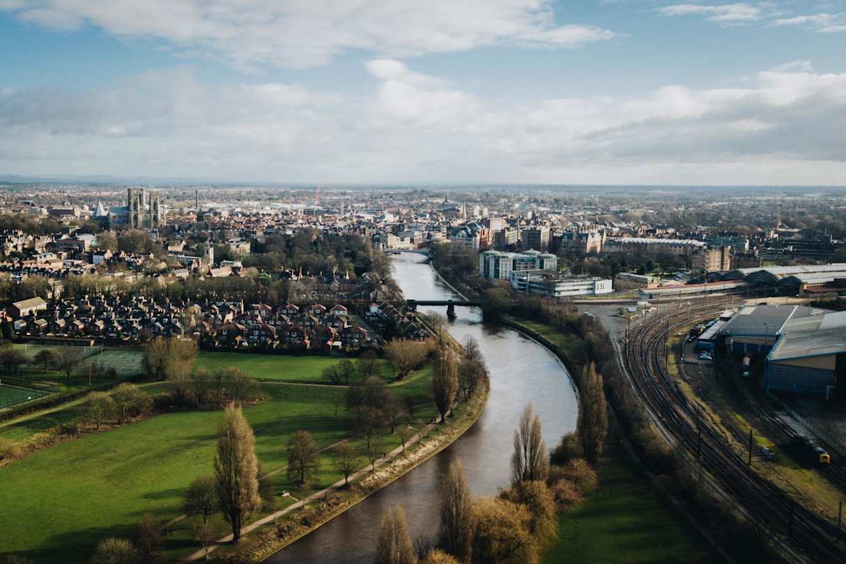 A view of the River Ouse and the City of York from high up, York, England, UK