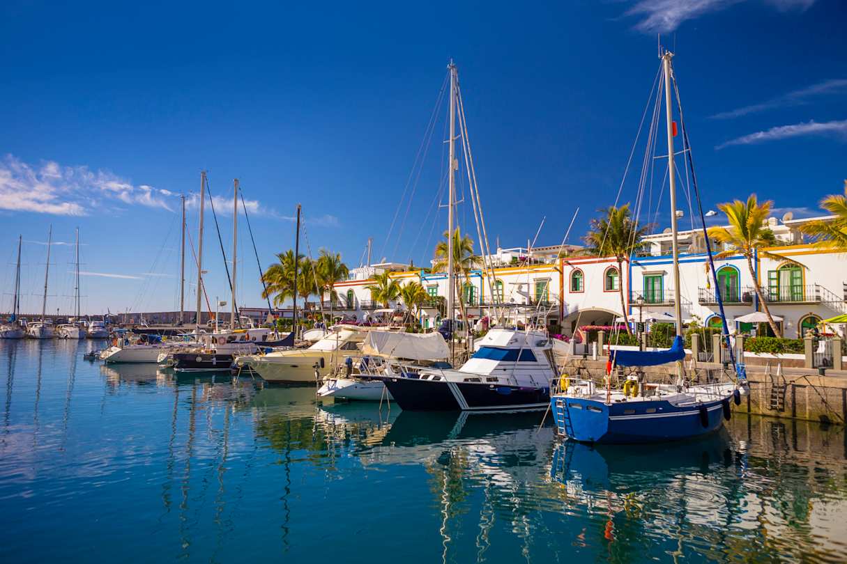 Traditional fishing boats bobbing in the Marina of Puerto de Mogan in front of a palm-lined promenade, Gran Canaria