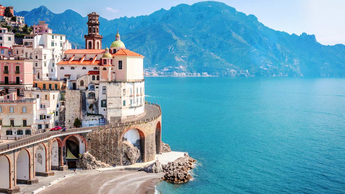Scenic panorama with the village of Atrani, mountains and sea, Amalfi Coast