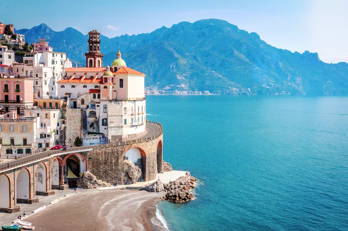 Scenic panorama with the village of Atrani, mountains and sea, Amalfi Coast