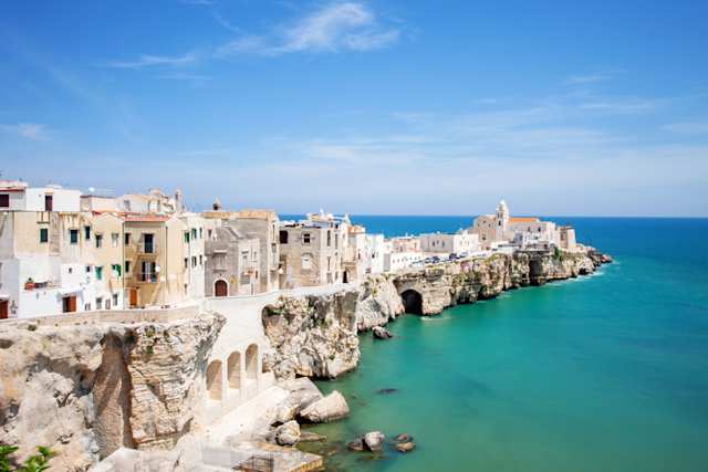 Whitewashed houses and coastal views in Vieste, part of Gargano National Park, Puglia, Italy