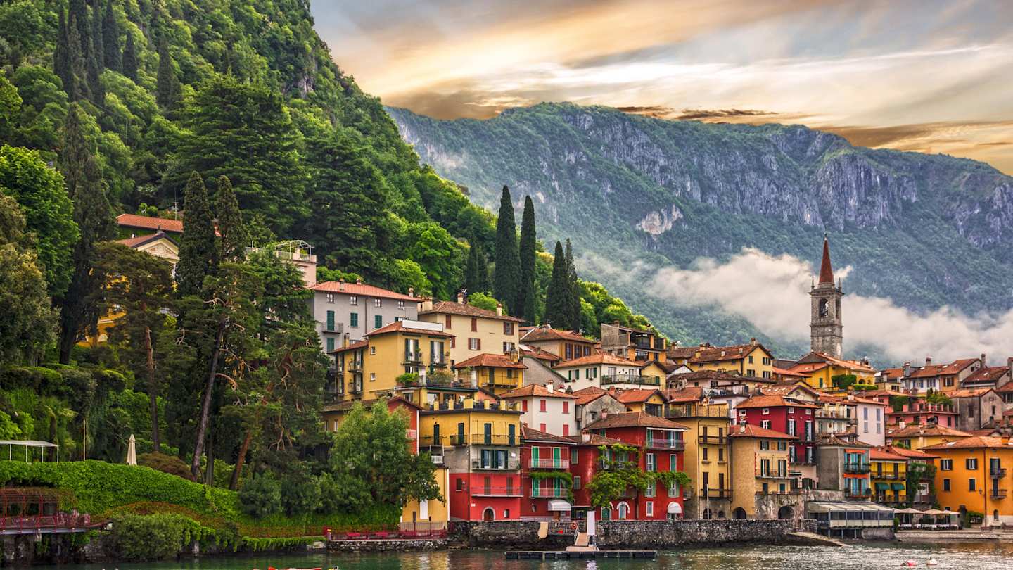 Colourful Varenna town at sunset on the banks of Lake Como