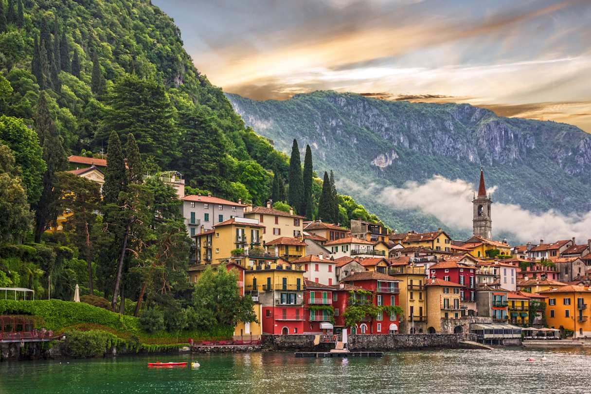 Colourful Varenna town at sunset on the banks of Lake Como