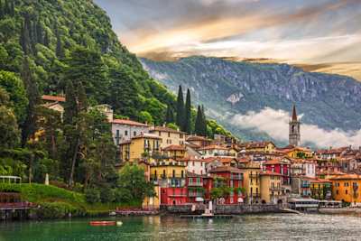 Colourful Varenna town at sunset on the banks of Lake Como