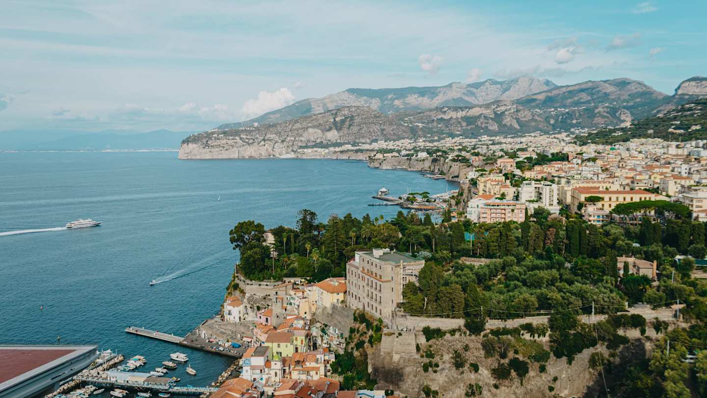 An aerial view of Sorrento city and harbour in Bay of Naples, Sorrento, Italy