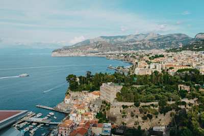 An aerial view of Sorrento city and harbour in Bay of Naples, Sorrento, Italy