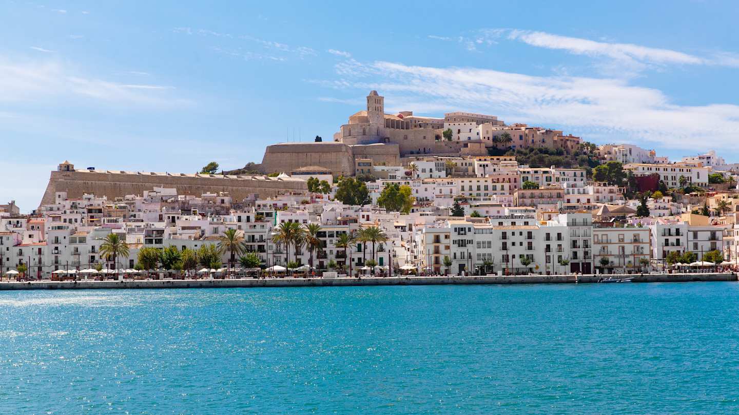 Sea view of yachts moored off the coast of Ibiza