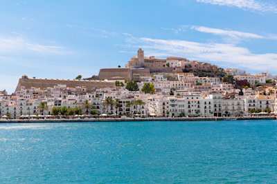 Sea view of yachts moored off the coast of Ibiza