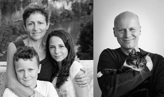 Kelly with her children on left, Mike holding cat on right