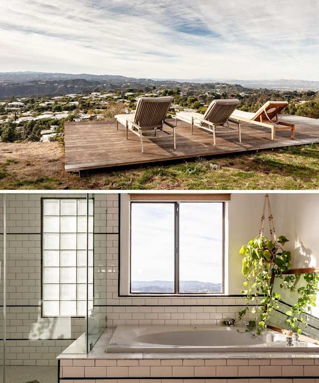 Sun loungers facing a view of the hills and sink with geometric tiles in Plum Guide home, View From Above