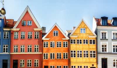 Multicoloured, traditional house facades in Copenhagen, Denmark