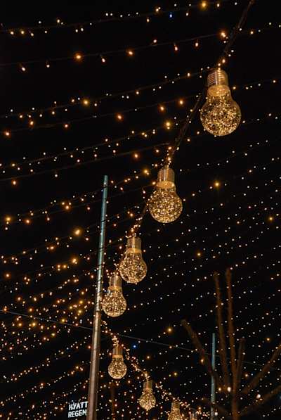 Christmas lights overhanging a street