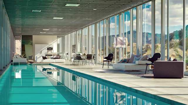 Pool area in The Mirrored House, Plum Guide home in Joshua Tree