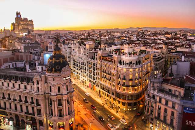 Aerial view of central Madrid at sunset