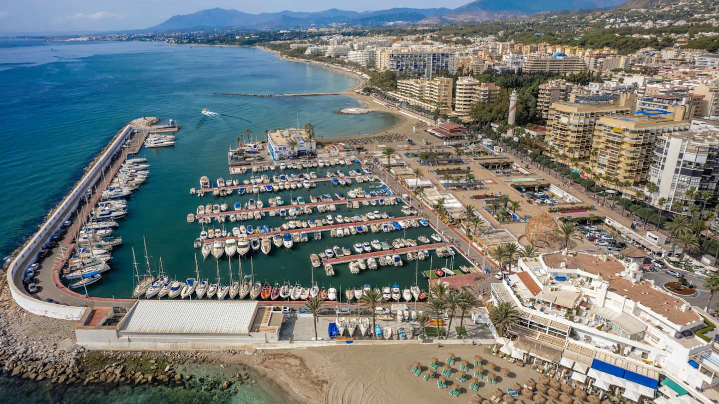 Aerial view of the beach and downtown district of Marbella, Spain