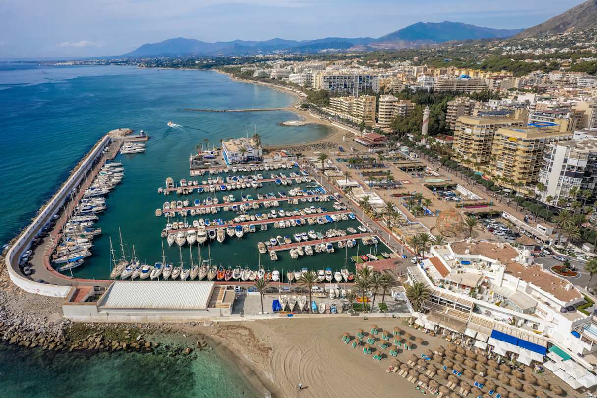 Aerial view of the beach and downtown district of Marbella, Spain