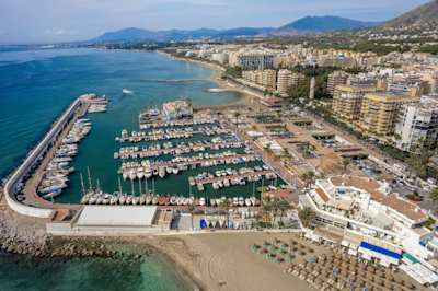 Aerial view of the beach and downtown district of Marbella, Spain