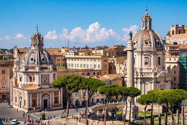 Santa Maria di Loreto and the Trajan Forum church at Piazza Venezia Square and Foro Traiano in historic city centre of Rome, Italy