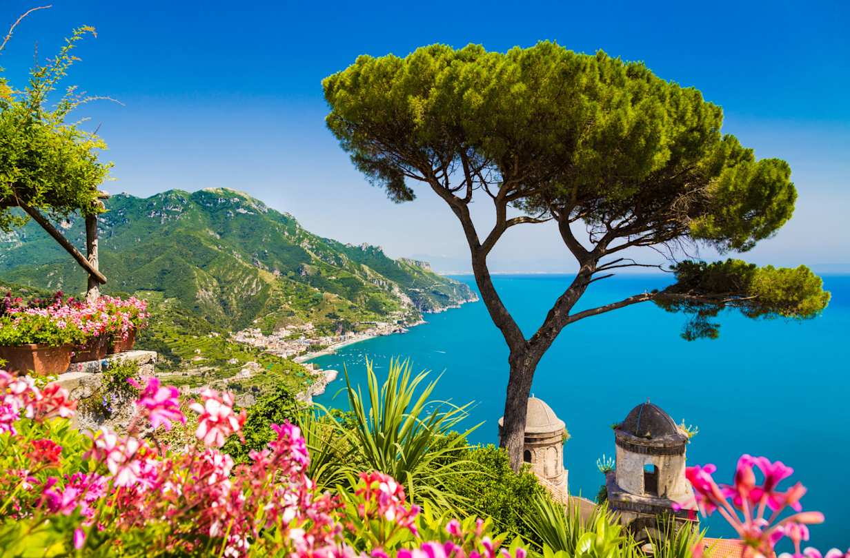 Scenic postcard view of Gulf of Salerno from Villa Rufolo gardens in Ravello, with pink flowers and tree, Amalfi Coast