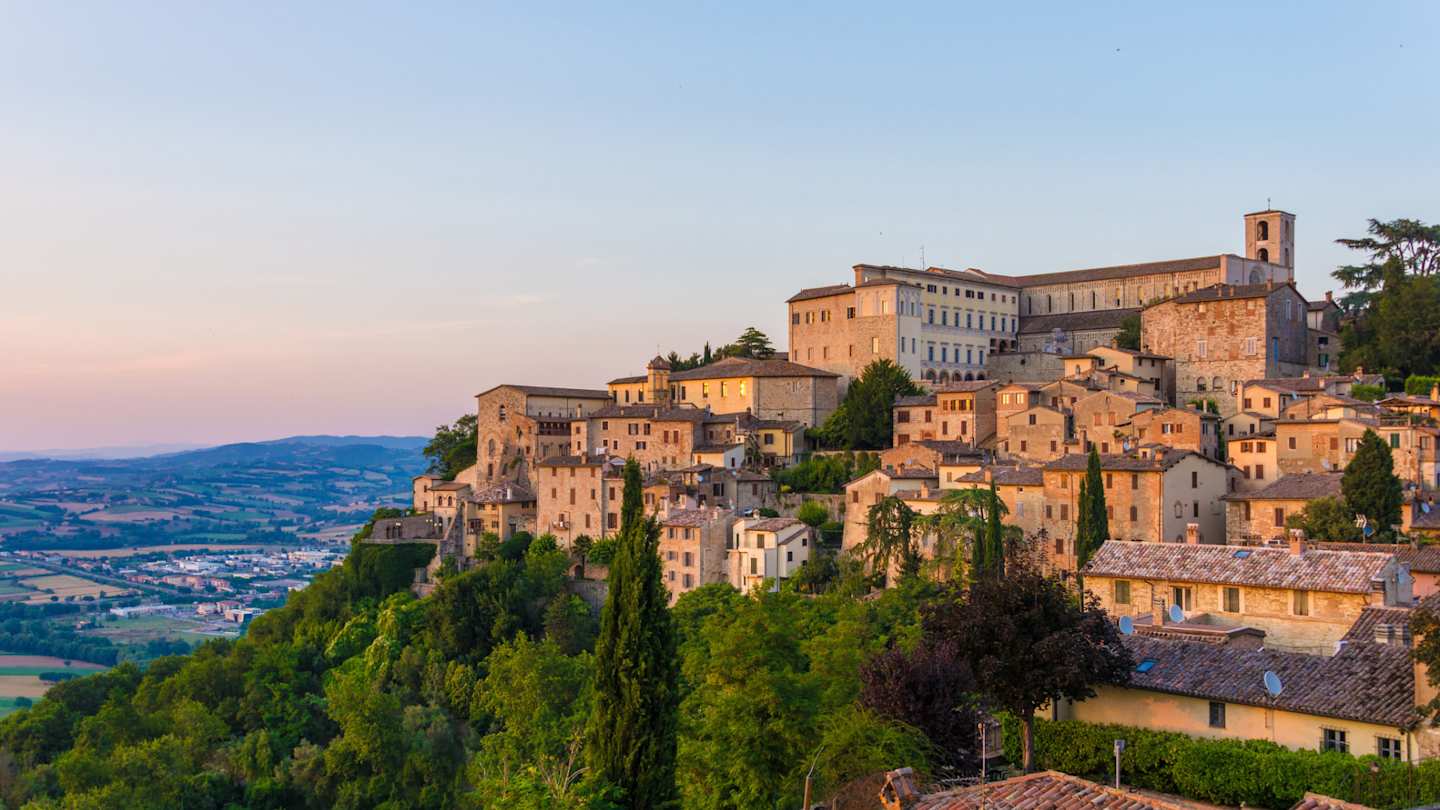 Medieval hilltop town of Todi, captured at sunset, Umbria, Italy