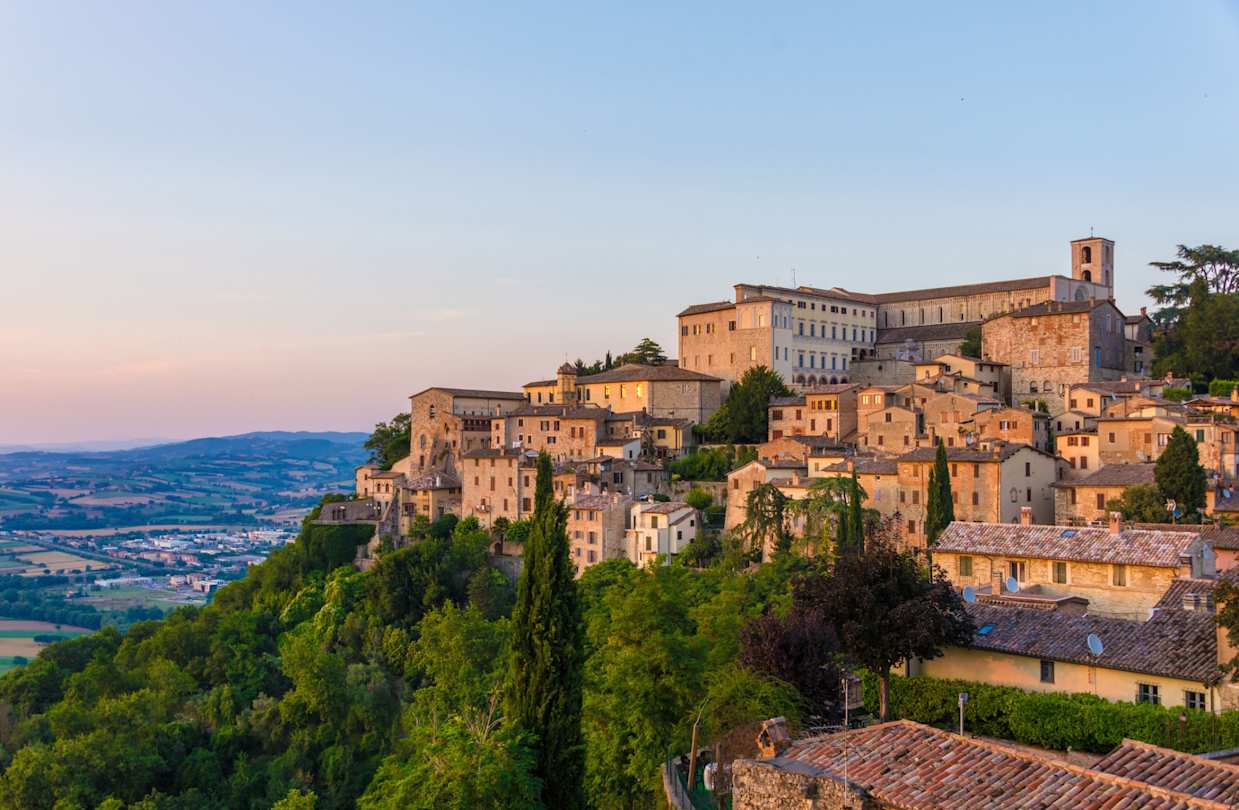 Medieval hilltop town of Todi, captured at sunset, Umbria, Italy