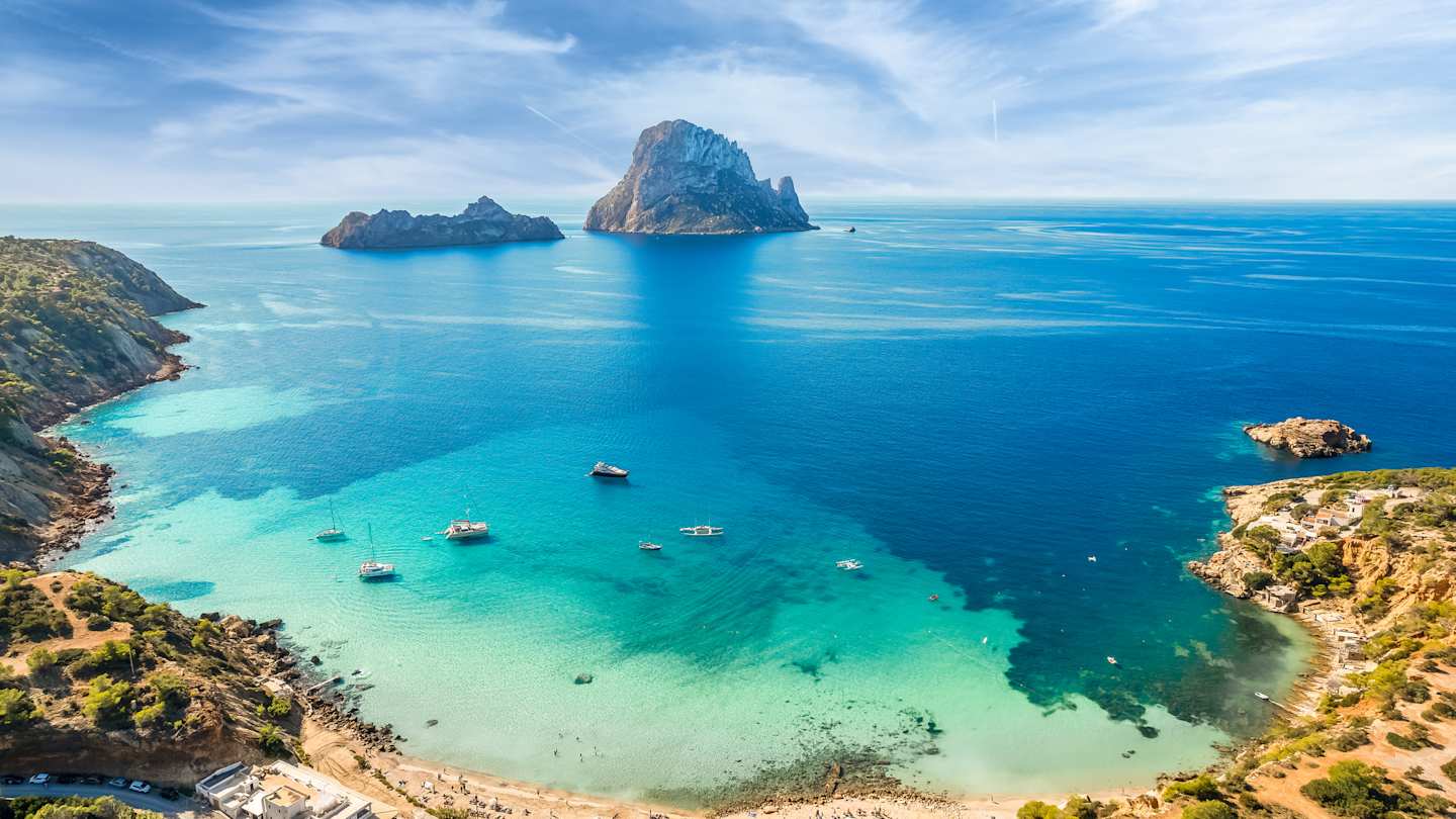 Aerial view of Cala d’Hort in Ibiza