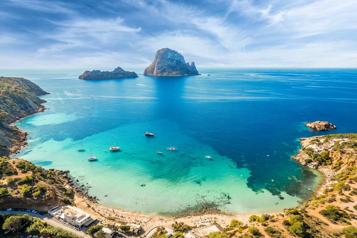 Aerial view of Cala d’Hort in Ibiza