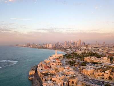 Tel Aviv beach scene at dusk
