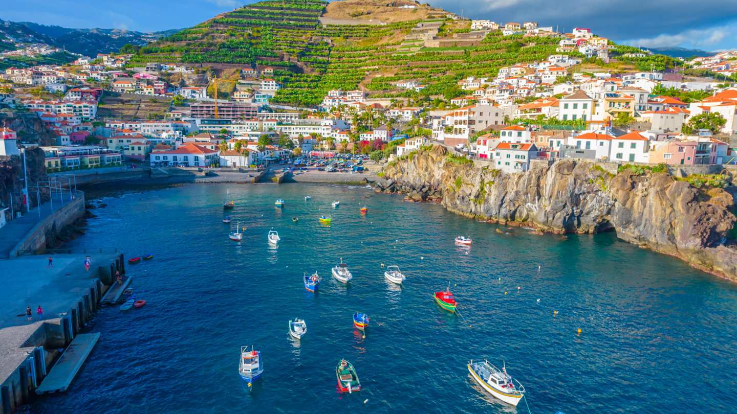Aerial view of Camara de Lobos village near Funchal, Madeira Island, Portugal.