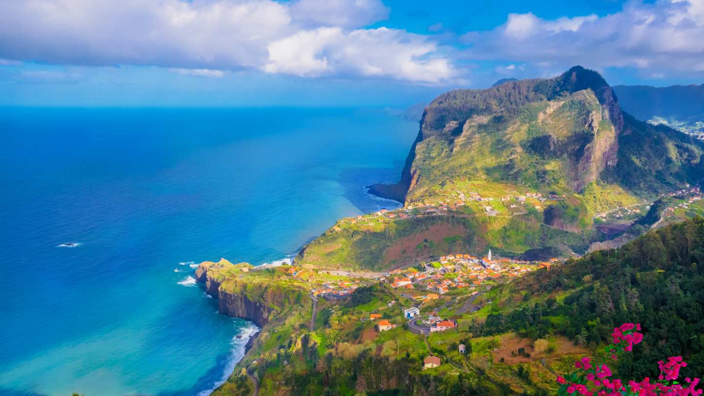 Aerial view over Faial city fort and Santana region on the ocean coast of Madeira island, Portugal