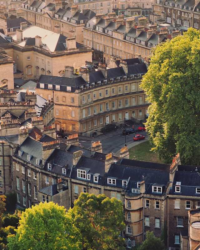 The Circus and surrounding streets from above, Bath, UK