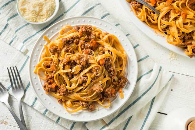 A close up of a traditional tagliatelle al ragu dish in Bologna, Italy