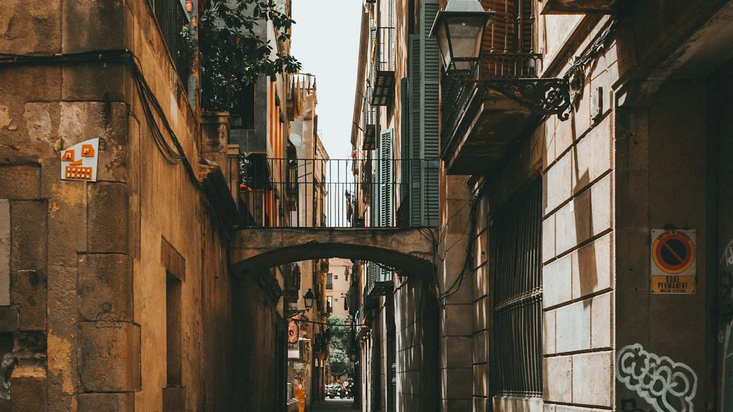 A typical characterful street in the Gothic Quarter, Barcelona