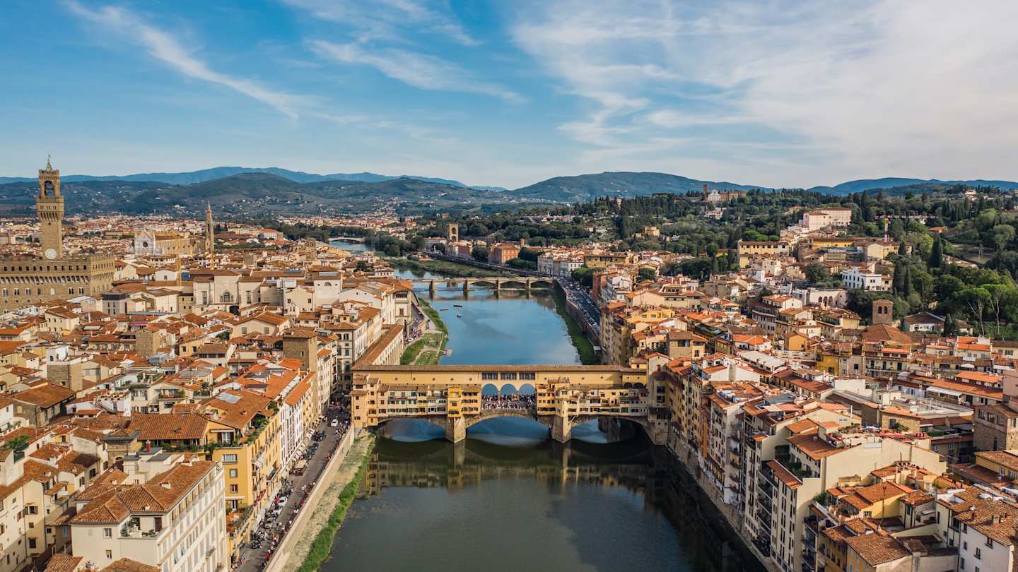View of the Ponte Vecchio bridge across the River Arno, Florence, Italy