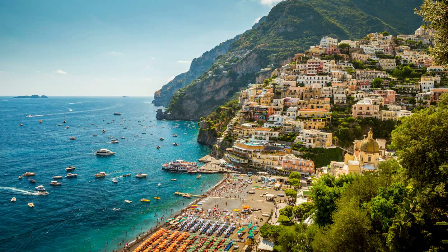 View of Positano town with beach, sea and mountains, Amalfi Coast